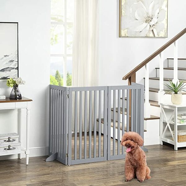 Freestanding Wooden Pet Gate Foldable Dog Gate with 2PCS Support Feet for Doorway Halls and Stairs.