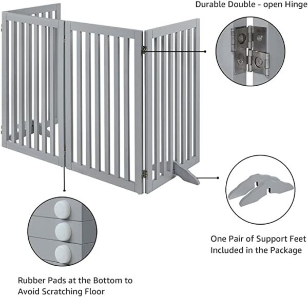 Freestanding Wooden Pet Gate Foldable Dog Gate with 2PCS Support Feet for Doorway Halls and Stairs.