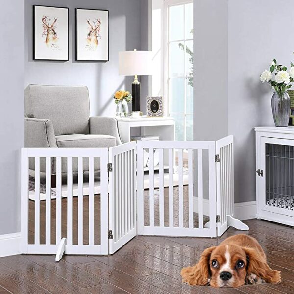 Freestanding Wooden Pet Gate Foldable Dog Gate with 2PCS Support Feet for Doorway Halls and Stairs.