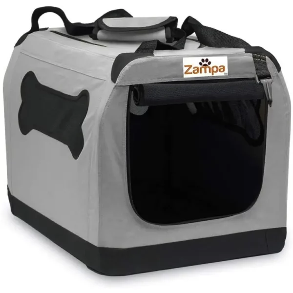 Double Door Collapsible Soft-Sided Gray Dog Crate. Puppy Crates for Car or Outdoor & Indoor