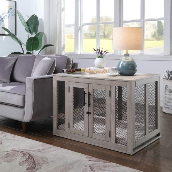 Indoor Furniture Style Mesh Dog Crate with Double Doors (Bonus Cushion and Tray)