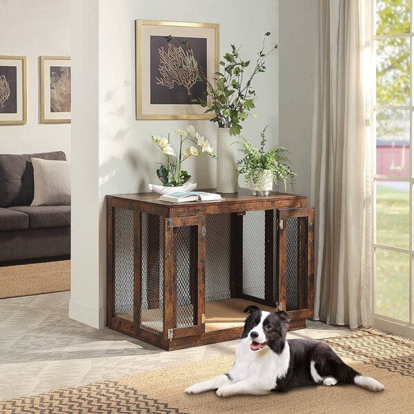 Indoor Furniture Style Mesh Dog Crate with Double Doors (Bonus Cushion and Tray)